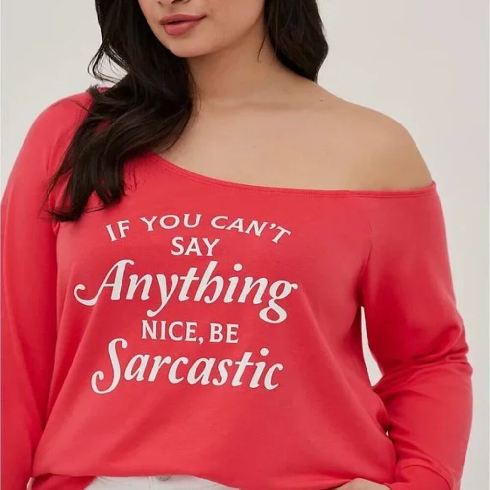 Torrid Plus Size Pink Off Shoulder Graphic Sarcastic French Terry Sweater Top